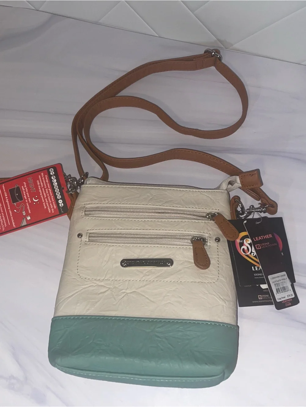 Stone Mountain Leather Sydney 3-in-1 crossbody/wristlet/clutch  green & cream